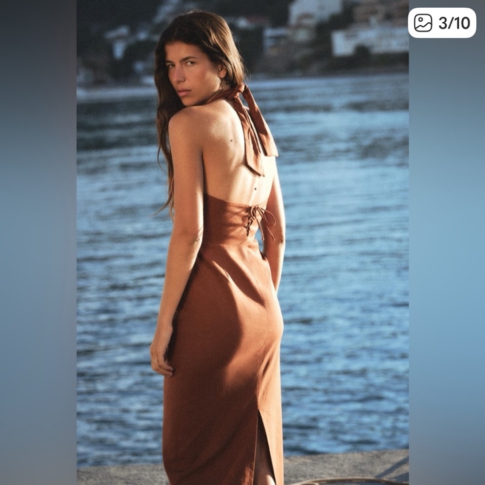 ZARA LINEN BLEND RUST MIDI DRESS - Picture 3 of 5